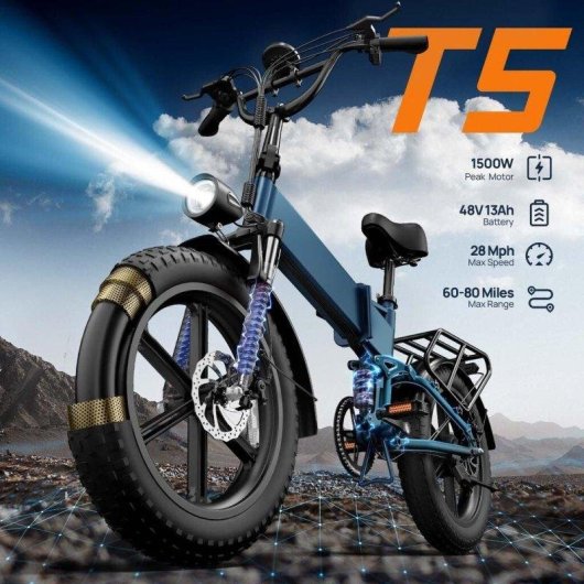 Bicicleta Elétrica URLIFE T5 Azul Bateria 48V 13Ah Pneus Todo-Terreno 20 x 4.0