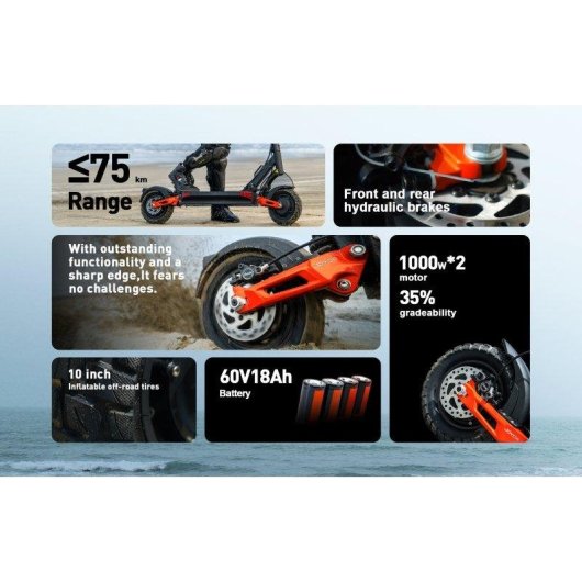 Patinete eléctrico Joyor T10 2000W Autonomía 75km Ruedas 10" Negro