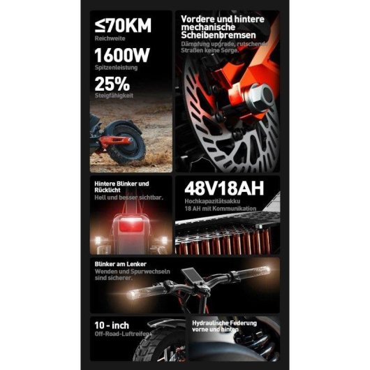 Patinete elétrico Joyor T6e 600W Autonomia 70km Rodas 10'' Travões de disco Preto