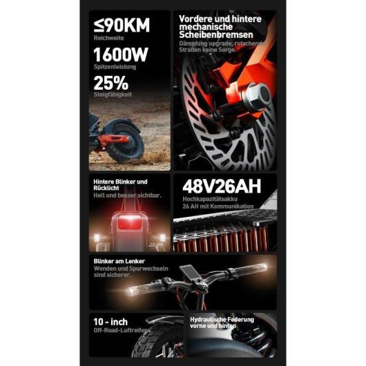 Elektroroller Joyor T6e Pro 600W Reichweite 70km 10'' Räder Scheibenbremsen Schwarz