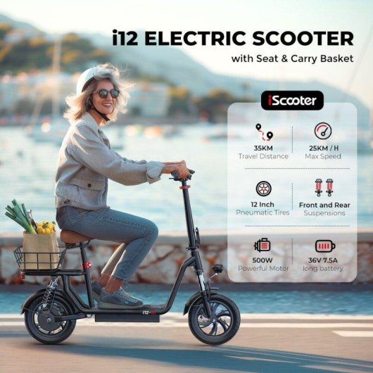 Patinete électrique iScooter I12 500W Autonomie 35km Freins à disque Noir