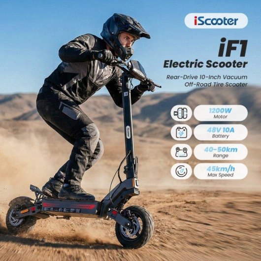 Patinete elétrico iScooter iF1 1200W Autonomia 55km Suspensão rodas todo-o-terreno Preto