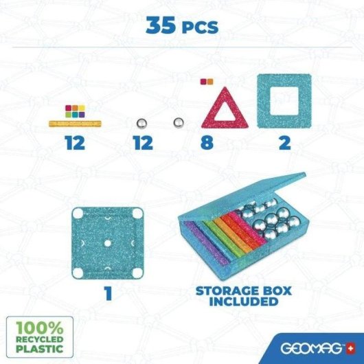 Geomag Ecofriendly Glitter Set Magnético 35 Peças com Ímanes de Neodímio para Construções 2D e 3D STEM