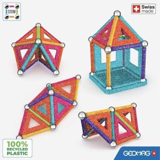 Geomag Ecofriendly Glitter Set Magnético 35 Peças com Ímanes de Neodímio para Construções 2D e 3D STEM