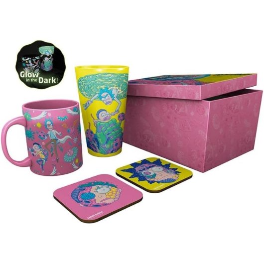 Set Regalo Rick & Morty Taza 285 Mls + Vaso Cristal 500 Mls + 2 Posavasos