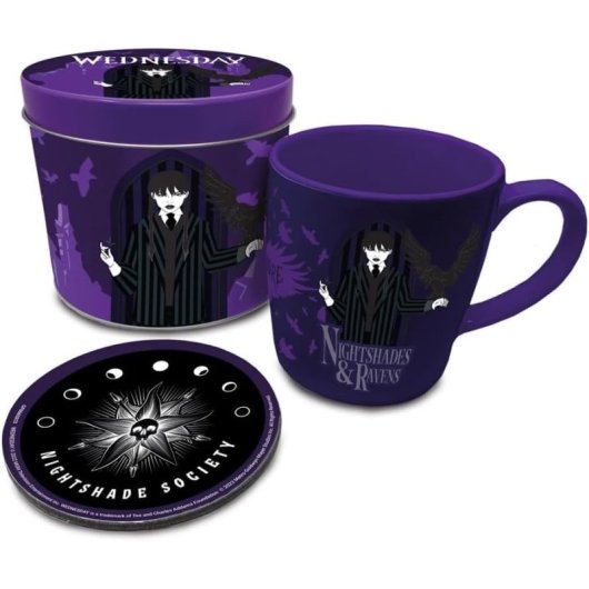 Set Lata Regalo Wednesday Nightshades & Ravens Taza, Posavasos Y Lata 315 Mls