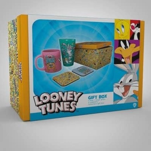 Set Regalo Looney Tunes Taza 285 Mls + Vaso Cristal 500 Mls + 2 Posavasos