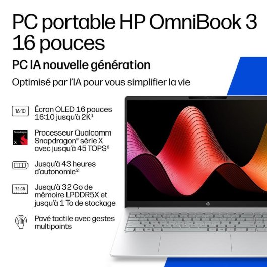 Portátil HP OmniBook 3 16-bz0015nfx 16" Snapdragon X1-26-100 16GB 256GB SSD Adreno Windows 11