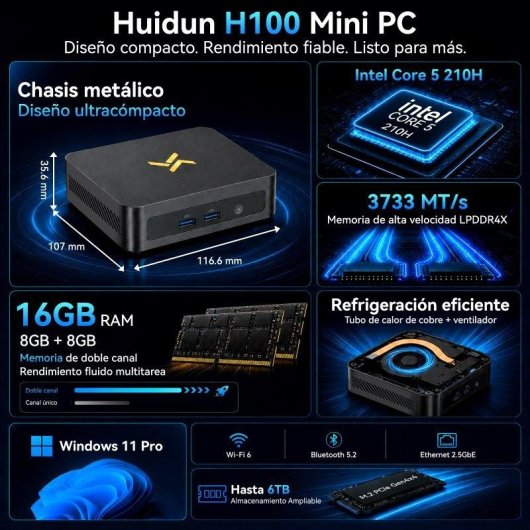 Mini PC Huidun H100 Intel Core 5 210H 16 GB Intel Graphics 512 GB SSD Windows 11 Pro Wi-Fi 6 VESA escritorio compacto
