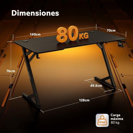 Mesa Gaming Sense7 Vamo 140x70 cm Acero y MDF con accesorios integrados
