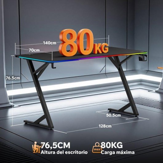Mesa Gaming Sense7 140x70 cm Acero y MDF LED RGB con mando