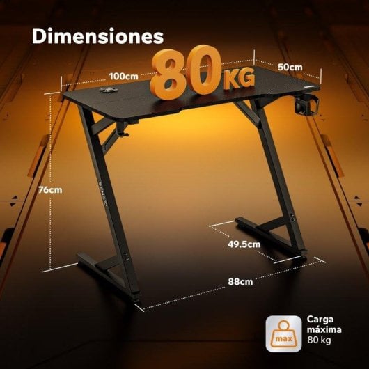 Mesa Gaming Sense7 Vamo 100x50 cm Acero y textura fibra carbono negra