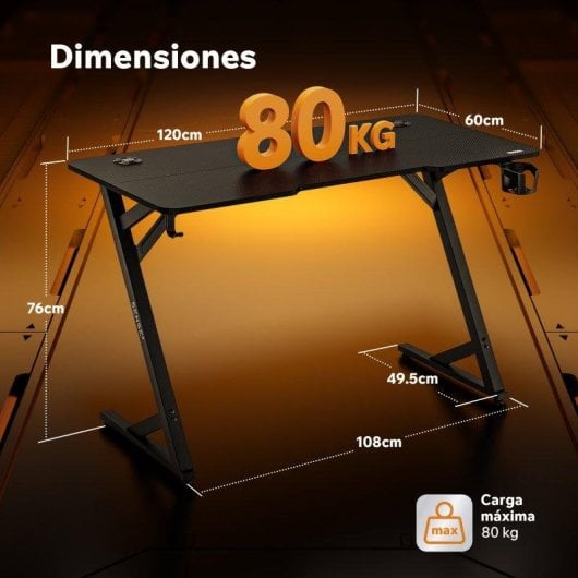 Mesa Gaming Sense7 Vamo 120x60 cm Acero y MDF con soporte y gancho