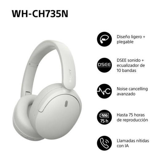 Auriculares Sony WH-CH735NW sem fios Bluetooth com Cancelamento de Ruído e chamadas IA branco