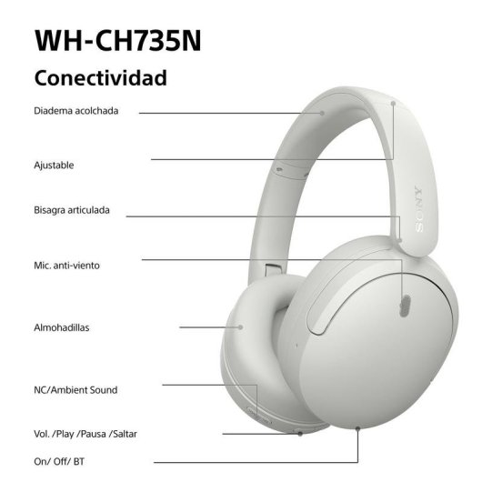 Auriculares Sony WH-CH735NW sem fios Bluetooth com Cancelamento de Ruído e chamadas IA branco