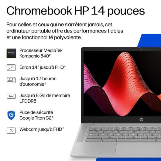 Ordinateur portable HP Chromebook 14a-nm0000nfx 14" MediaTek Kompanio 4GB 128GB ChromeOS