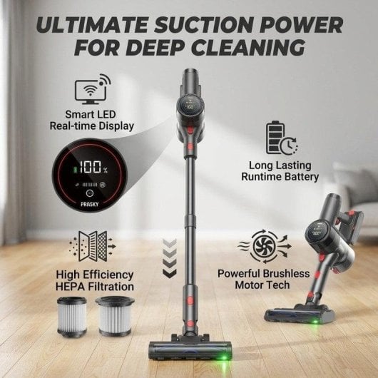 Aspirateur sans fil Prasky 550 W 50 min 65 kPa HEPA LED pliable