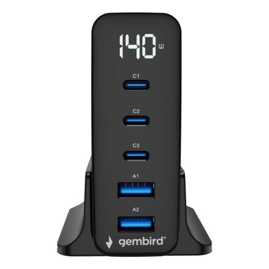 Schnellladegerät Gembird GaN 5 Ports 140W USB-C/A Schwarz