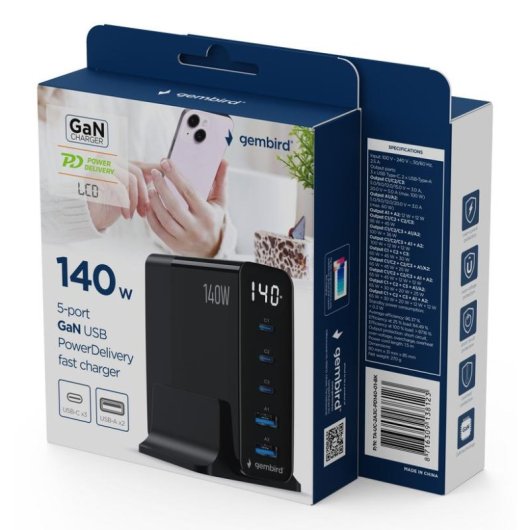 Schnellladegerät Gembird GaN 5 Ports 140W USB-C/A Schwarz