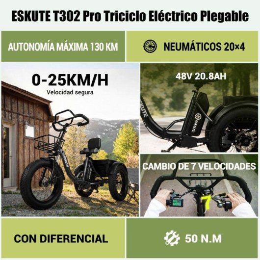 Triciclo Eléctrico ESKUTE T302Pro 250W 48V 20.8Ah