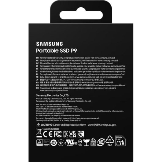 Disco Duro Samsung P9 2 TB SSD USB4 Gen 3x2 4000 MB/s Protección por contraseña