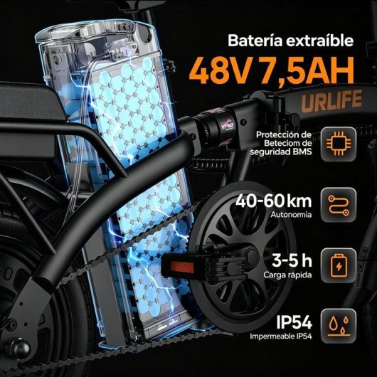 Bicicleta eléctrica plegable URLIFE F1L Batería Extraíble 48V 7,5Ah Motor 250W