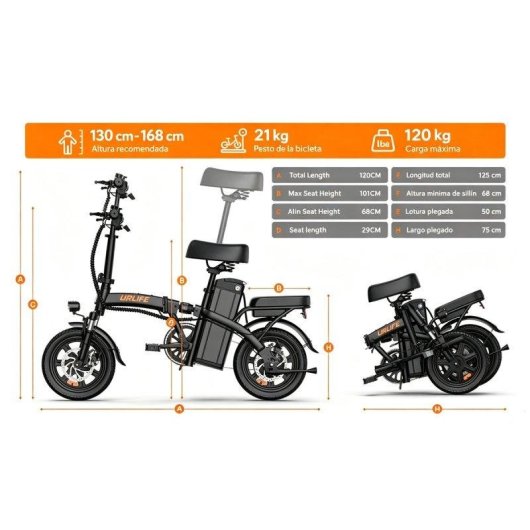 Bicicleta eléctrica plegable URLIFE F1L Batería Extraíble 48V 7,5Ah Motor 250W