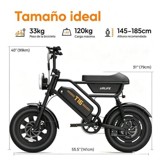 Bicicleta Eléctrica URLIFE T16 48V 500W Batería Extraíble