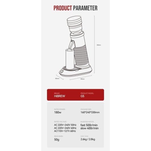 Molinillo de Café Eléctrico HiBREW G5 Muelas Cónicas CNC 48 mm 36 Niveles Negro