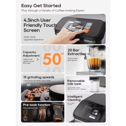 Máquina de Café Hibrew H16 (Automática - Molino Integrado - 20 Bares - Pantalla Táctil 4,3" - Depósito de Leche Extraíble 1,5 L) Negro