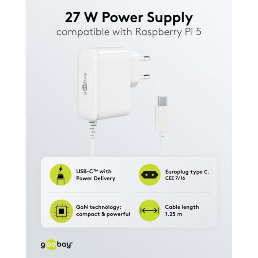 Cargador USB-C Goobay 80421 27W GaN para Raspberry Pi 5/4