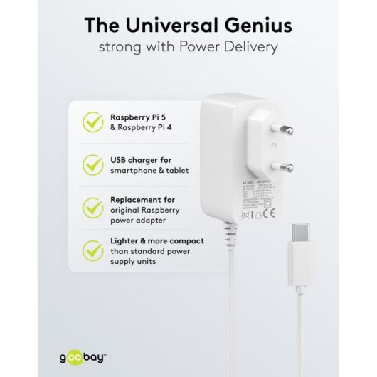 Cargador USB-C Goobay 80421 27W GaN para Raspberry Pi 5/4