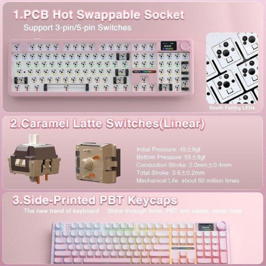 Teclado Autrucker F108 Pro mecánico inalámbrico Hot Swap RGB rosa