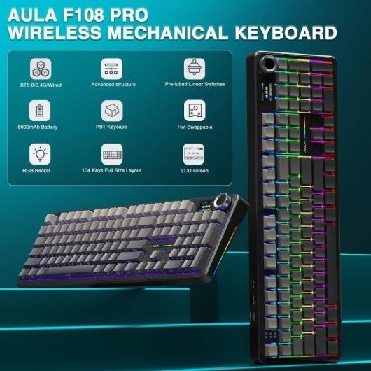 Teclado Aula F108 Pro mecánico RGB con pantalla TFT y conexión trimodal