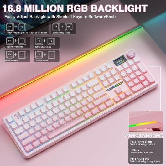 Teclado Aula F108 Pro mecánico full size RGB hot swap rosa