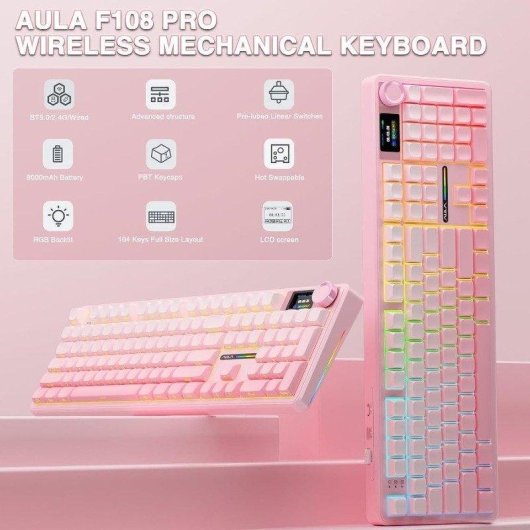 Teclado Aula F108 Pro mecánico full size RGB hot swap rosa
