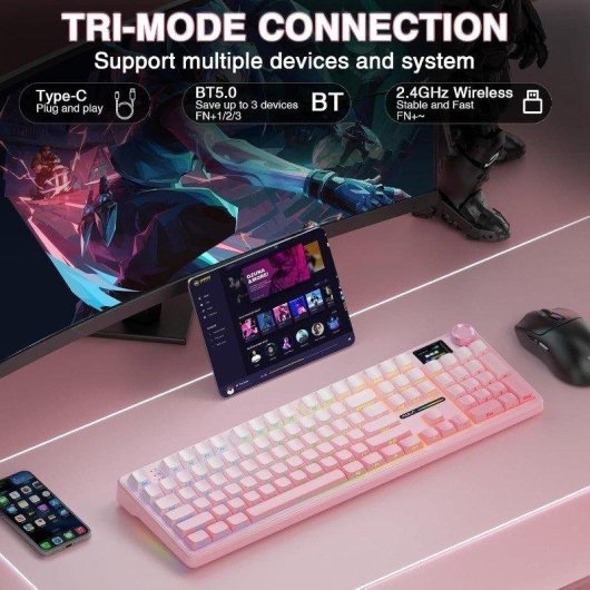Teclado Aula F108 Pro mecánico full size RGB hot swap rosa