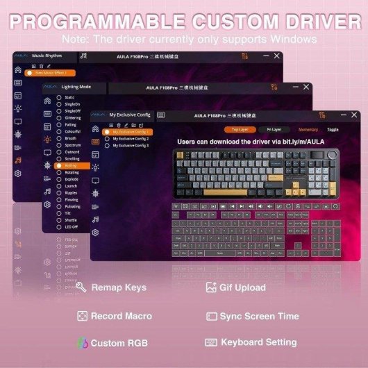 Teclado Aula F108 Pro mecánico inalámbrico RGB Hot Swap con pantalla y perilla rosa