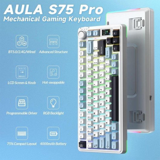 Teclado Aula S75 Pro mecánico inalámbrico 75% RGB Hot Swap inglés USA