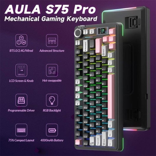 Teclado mecánico Aula S75 Pro inalámbrico 75% RGB inglés USA Hot Swap pantalla LCD