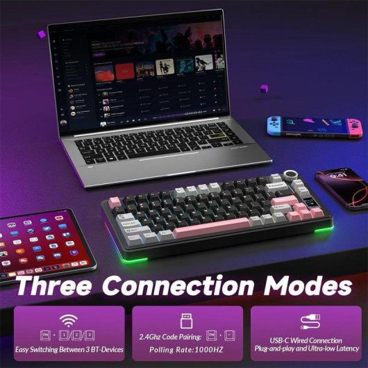 Teclado mecánico Aula S75 Pro inalámbrico 75% RGB inglés USA Hot Swap pantalla LCD
