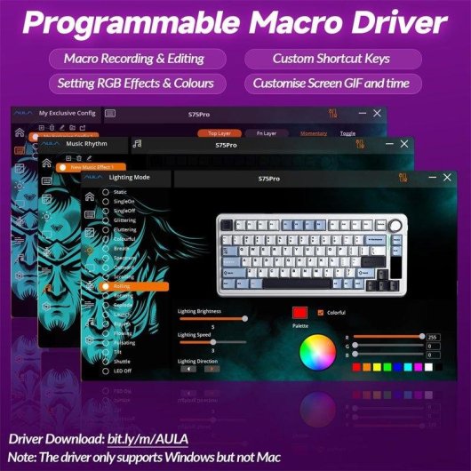 Teclado mecánico Aula S75 Pro inalámbrico 75% RGB inglés USA Hot Swap pantalla LCD
