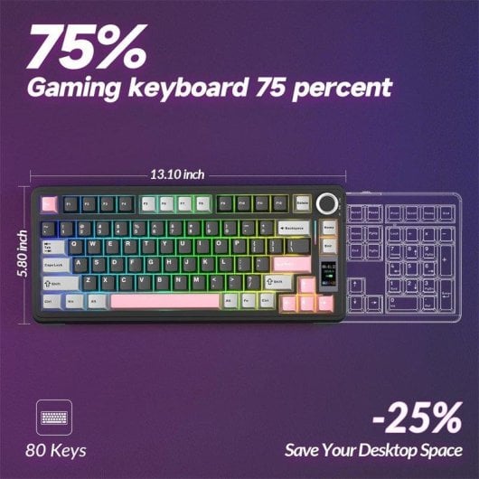 Teclado mecánico Aula S75 Pro inalámbrico 75% RGB inglés USA Hot Swap pantalla LCD
