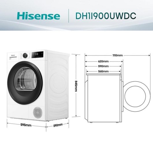 Secadora de condensação Hisense DH1I900UWDC 9kg Classe D com bomba de calor e controlo tátil