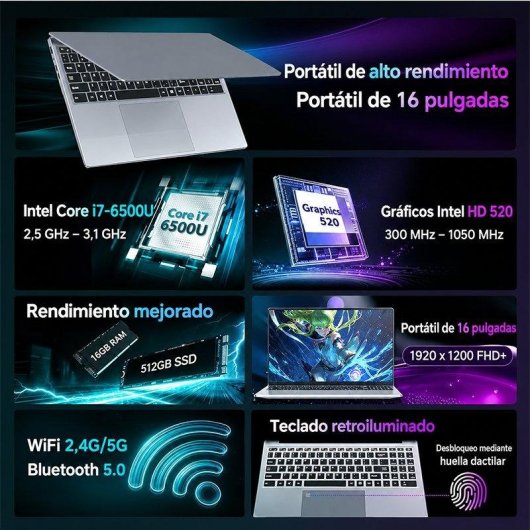 Portatile FUNYET 16" Intel Core i7-6500U 16GB 512GB SSD HD 520 Windows 11 Pro