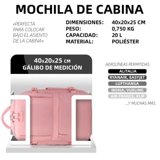 Mochila de Cabina Raykong Expandible 20L Impermeable Compatible con Portátil 14" Rosa