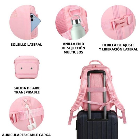 Mochila de Cabina Raykong Expandible 20L Impermeable Compatible con Portátil 14" Rosa