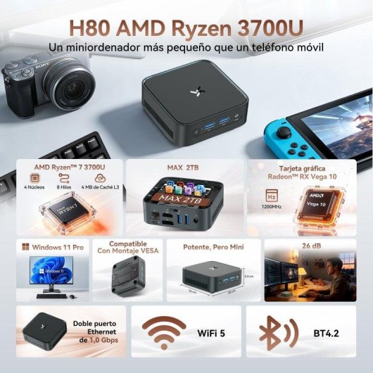 Mini PC Huidun H80 AMD Ryzen 7 3700U/16GB/512GB SSD/Radeon Vega 10/Windows 11 Pro