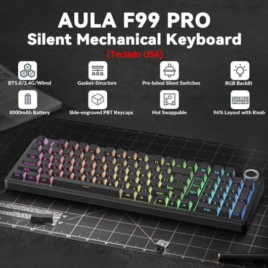 Teclado Aula F99 Pro mecánico silencioso triple conexión US RGB Hot Swap