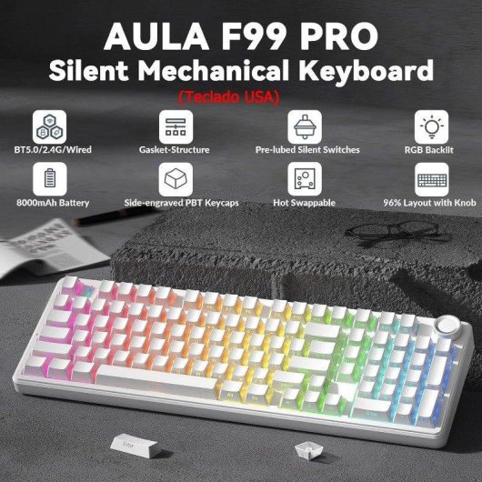 Teclado Aula F99 Pro mecánico inalámbrico RGB Hot Swap blanco